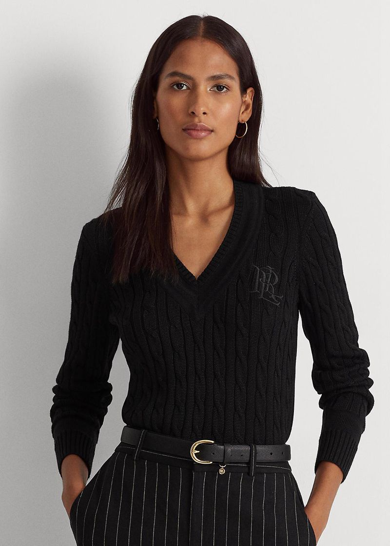 Sweater Lauren Damska Czarne Cable-Knit Cricket Jumper 052746-SGD